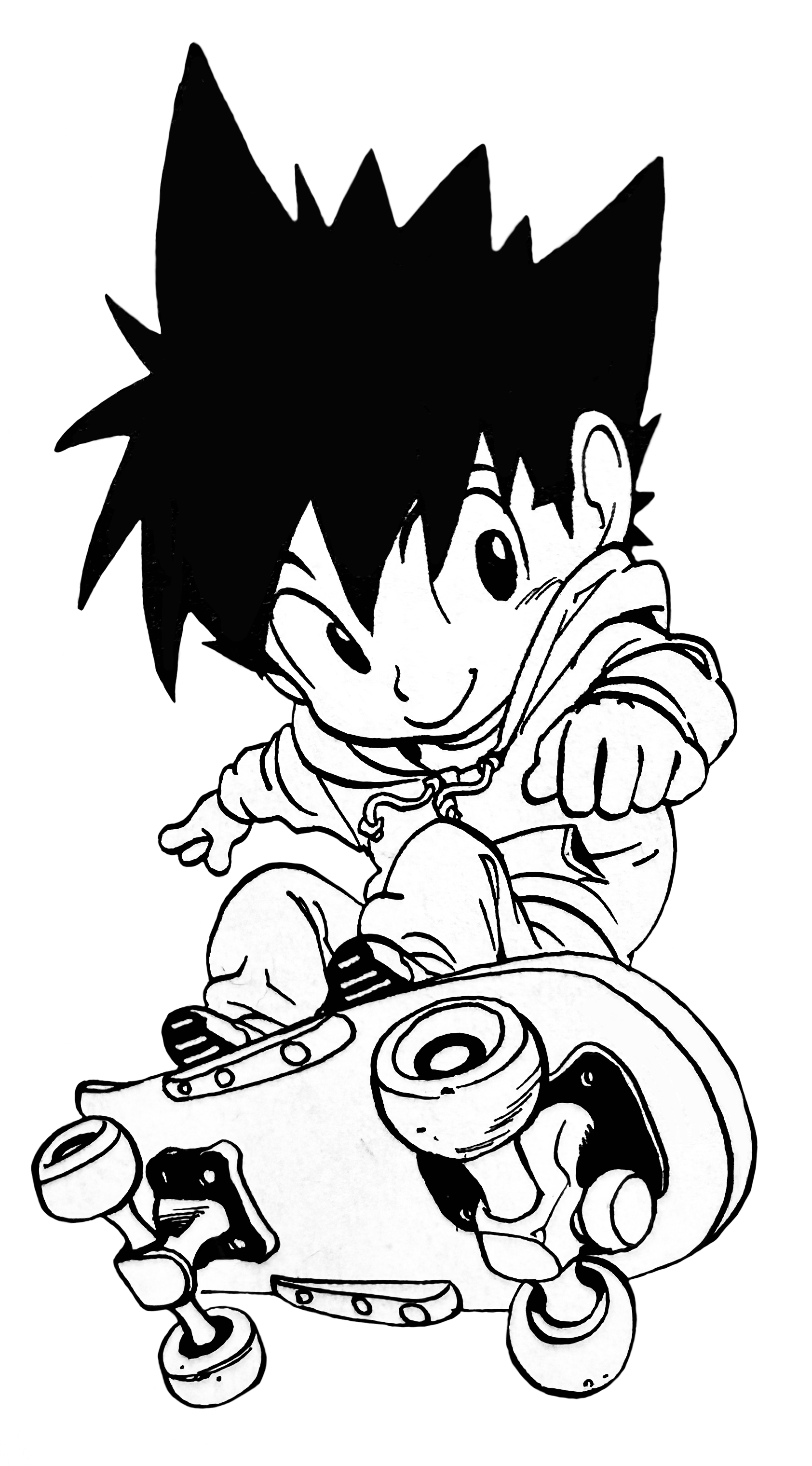 A transparent illustration of a chibified Sena smiling and riding a skateboard. He's wearing a hoodie, baggy pants, and sneakers.