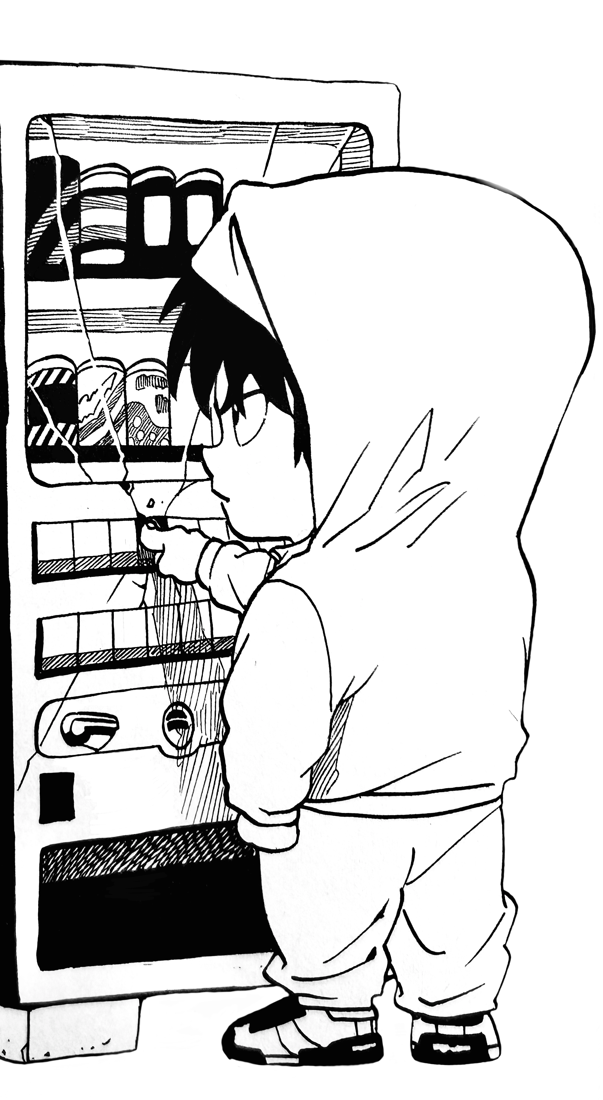 A transparent illustration of a chibified Shin stoically standing in front of a vending machine, its glass window cracking at the touch of his finger against one of the buttons.  He's wearing a workout hoodie, sweatpants and sneakers.