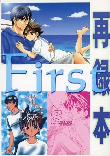 The cover for First Reprint Collection, which shows a loose collage of different doujinshi covers showing Shin and Sena together.