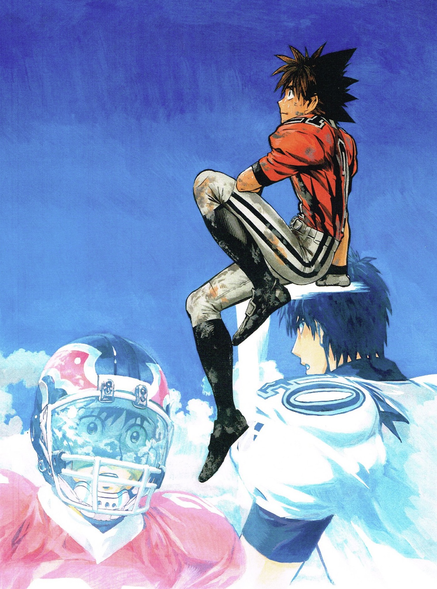 A color illustration of Sena against a blue sky background, sitting in midair and smiling while dressed in dirty American football gear. A ghost image of him and Shin facing each other floats underneath him.