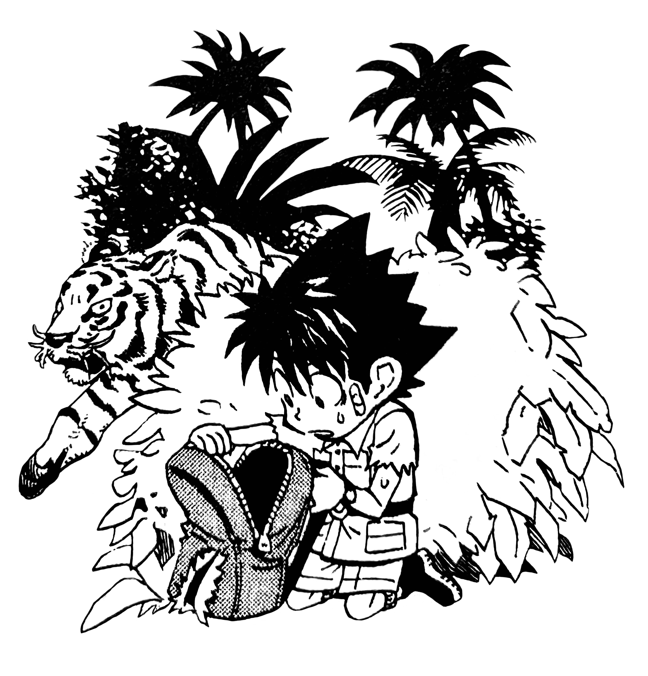 A transparent illustration of a chibified Sena dressed in safari gear and knealing behind a bush in the middle of the jungle. He's peering into his torn backpack in shock as a tiger lurks in the background.