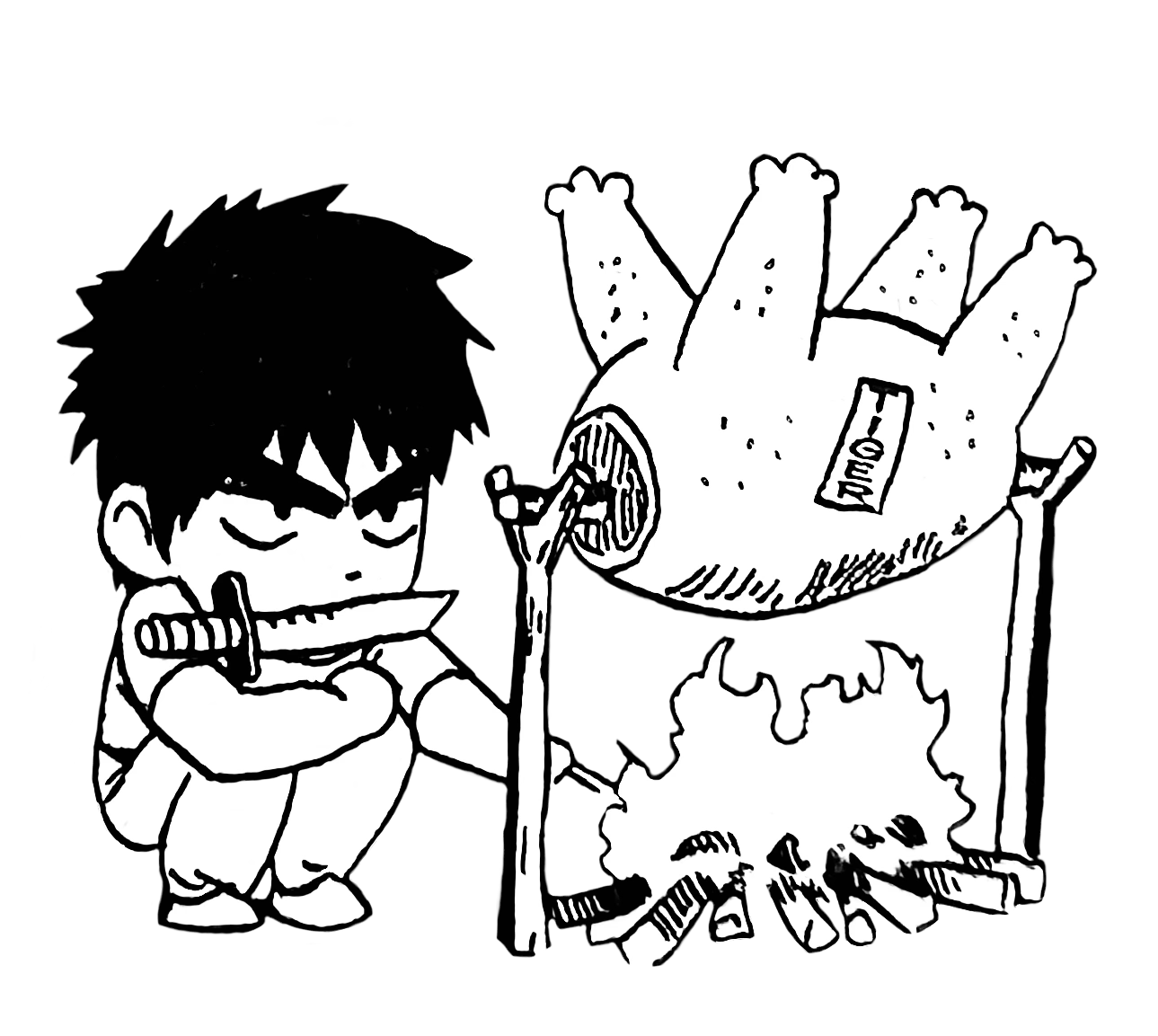 A transparent illustration of a chibified, shirtless Shin, squatting with a knife in his mouth as he roasts a tiger carcass on a spit, over an open fire.