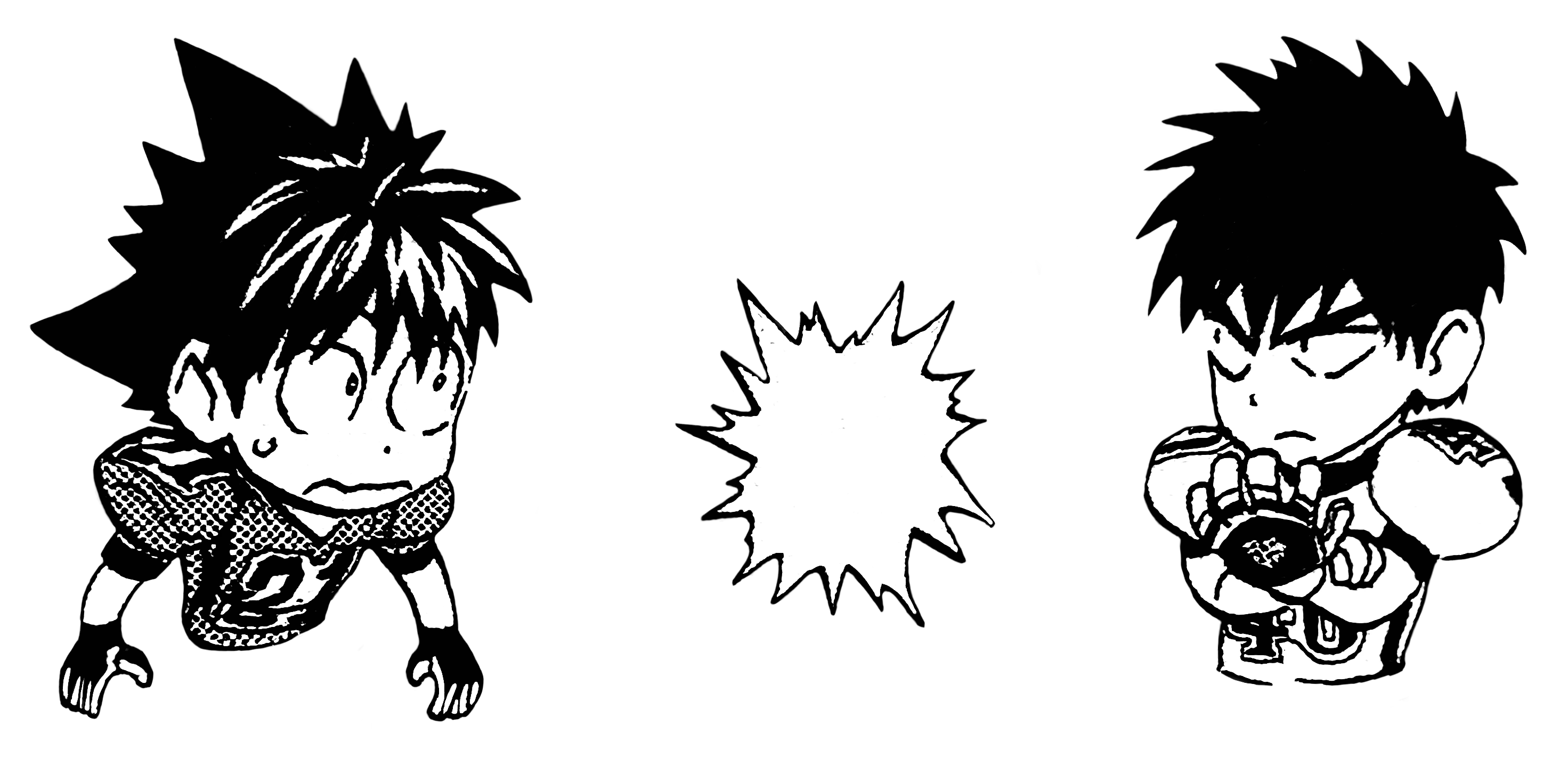 A transparent illustration of a chibified Shin and chibified Sena shown from the waist-up, facing off against each other, with Shin holding his tackle hand, while Sena stands with arms apart at the sides, looking nervous. A competitive spark shines between them.