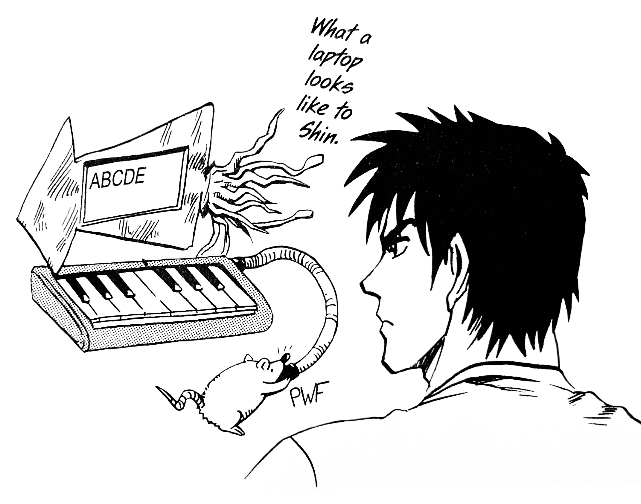 A transparent illustration of Shin staring stoically at his own absurd mental image of a lap and mouse.  It looks like a squid-shaped monitor with alphabet letters screen that's attached to a child's keyboard, with a real, living mouse blowing into a tube.  The caption reads, 'What a laptop looks like to Shin.'