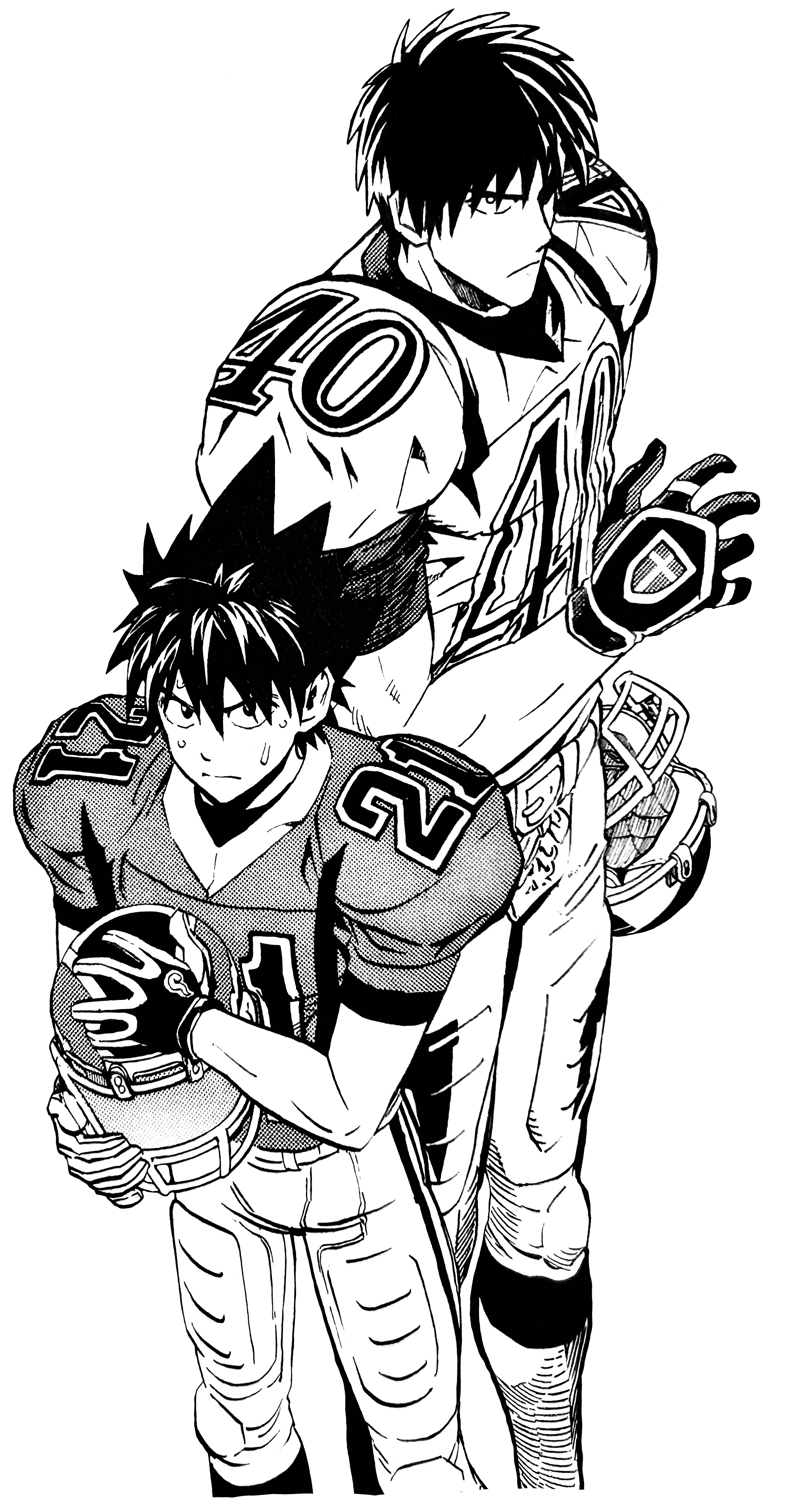 A transparent illustration of Shin and Sena standing together in their American football gear, frowning as both of their eyes look toward the viewer.