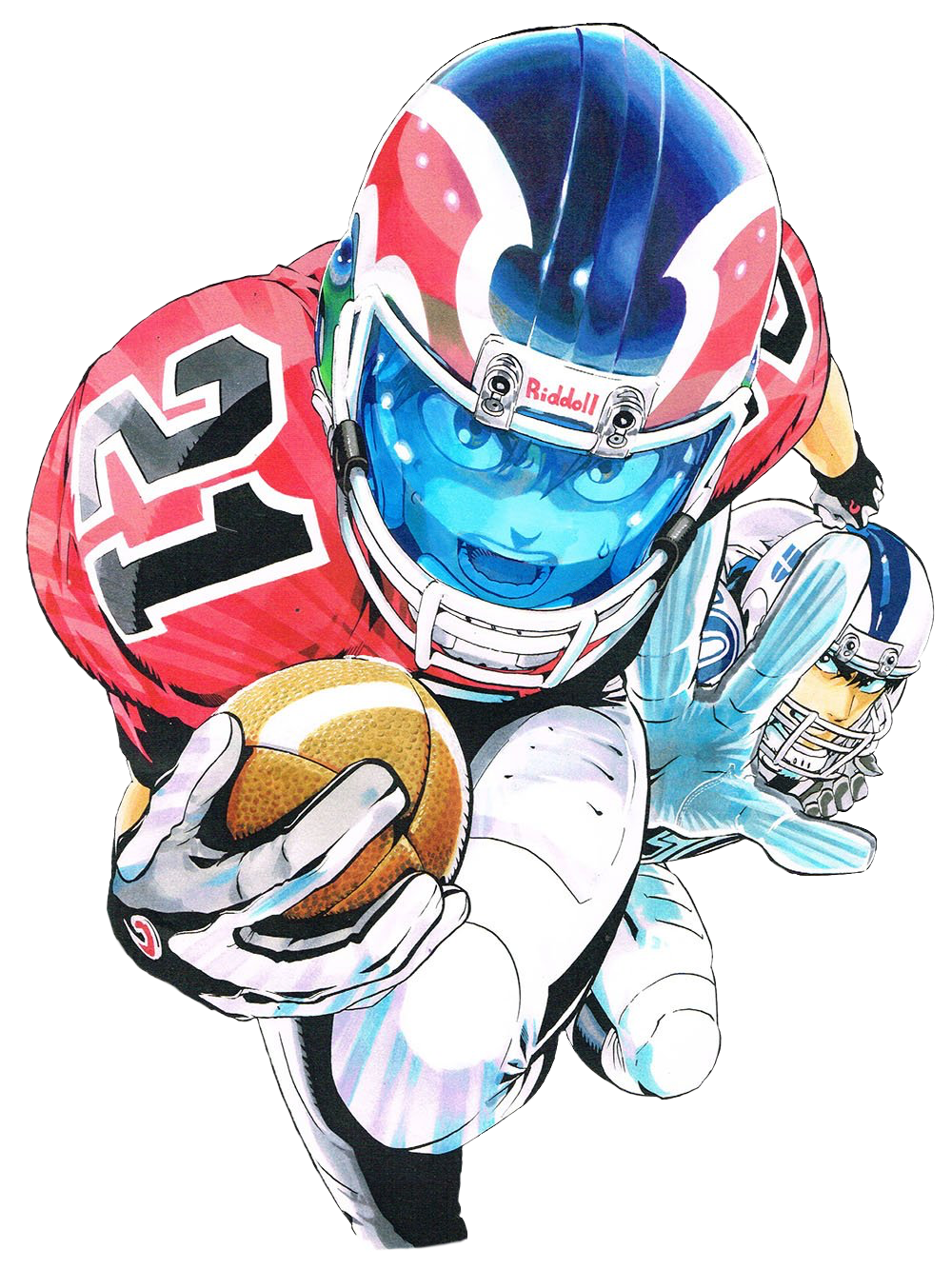 A transparent color illustration of Sena Kobayakawa, known as Eyeshield 21, charging towards the viewer in full football gear and a tinted visor helmet, a football firmly tucked under his arm by one hand.  Seijuurou Shin is running close behind him and reaching out his hand for a tackle.