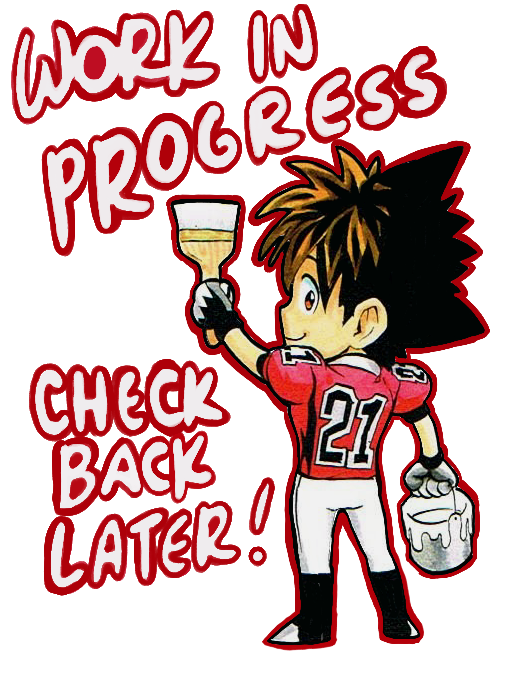 A transparent color illustration of Sena with a paint brush in one hand and a bucket of white paint in the other.  The painted text reads, 'WORK IN PROGRESS. CHECK BACK LATER!'